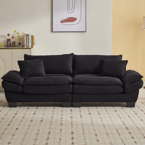 Comfy Corduroy Upholstered Sleeper Loveseat - Deep Seat Sofa with Pillows for Multi-Room Use,Black