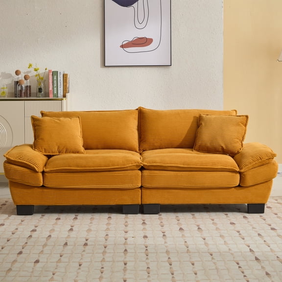 Comfy Corduroy Upholstered Sleeper Loveseat - Deep Seat Sofa with Pillows for Multi-Room Use,Yellow