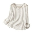 thumbnail image 1 of Comfy Cotton Linen Top For Women Relaxed Fit Embroidered Detail Round Neck Casual Long Sleeve Blouse, 1 of 9
