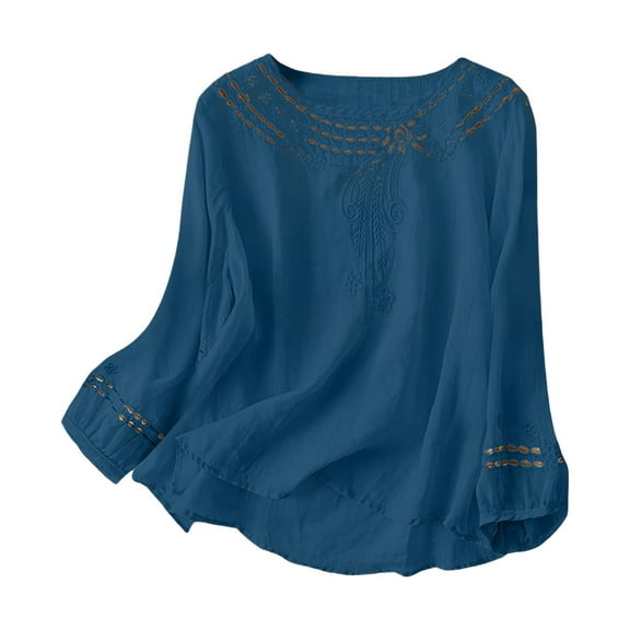 Comfy Cotton Linen Top For Women Relaxed Fit Embroidered Detail Round Neck Casual Long Sleeve Blouse