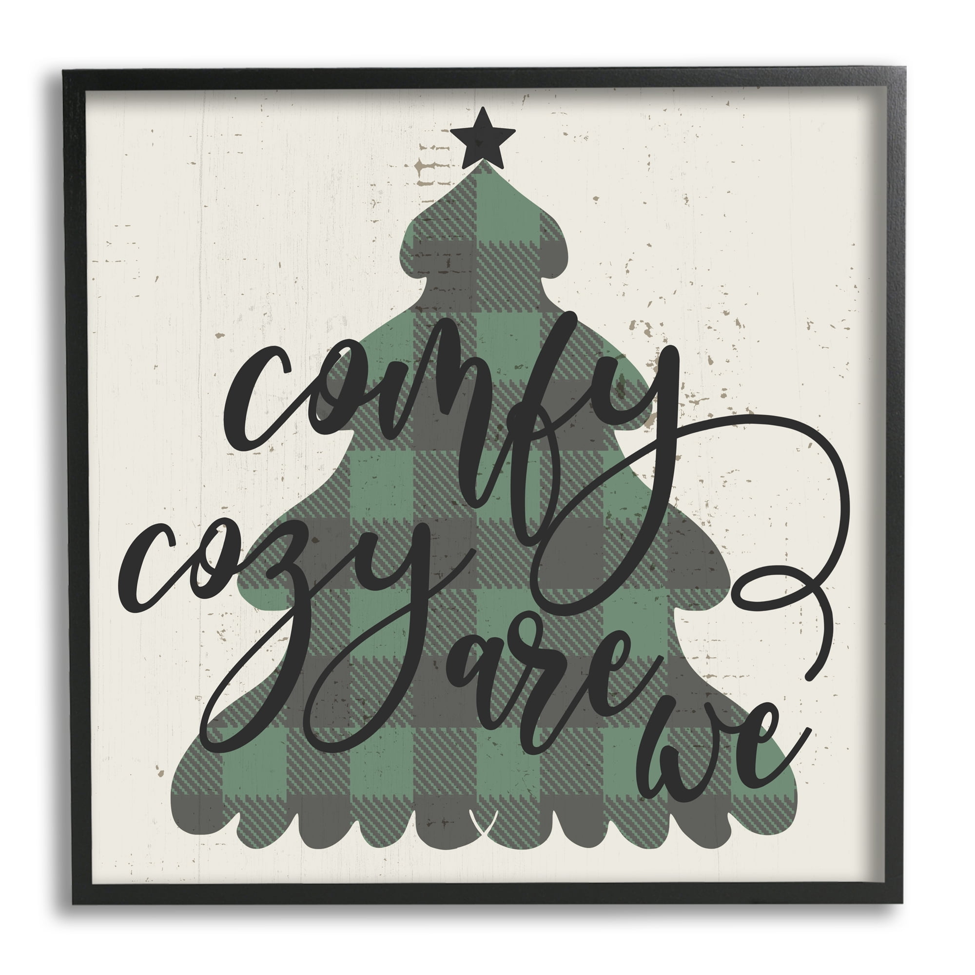 Comfy Cozy Are We Quote Plaid Christmas Tree Inspirational Framed Art Print Wall Art, 17x17