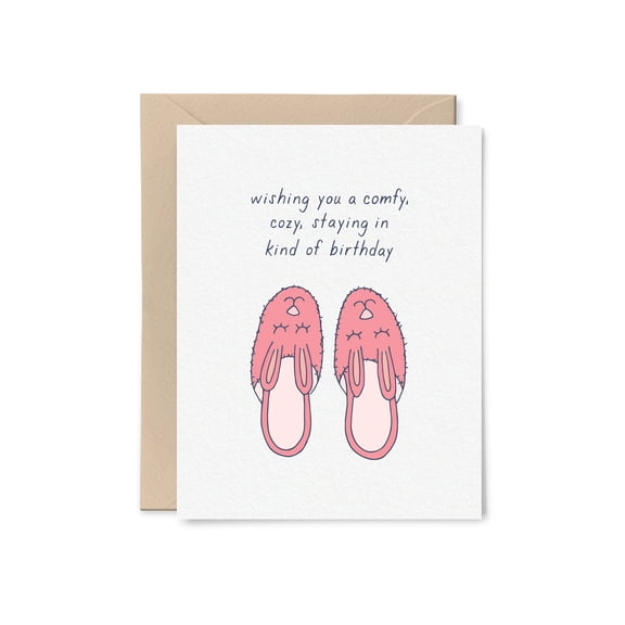 Comfy Cozy Birthday Card Cute Bunny Slippers Design Blank Inside, Envelope Included Perfect for Celebrating Birthdays in a Relaxed Mood