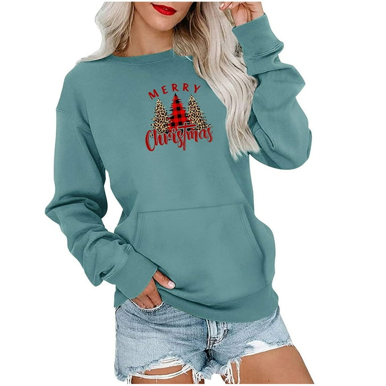 Comfy Crewneck Sweatshirts Christmas Tree Graphic Print Holiday Pullover with Front Pocket Long Sleeve Loose Tops XX Large Sky Blue