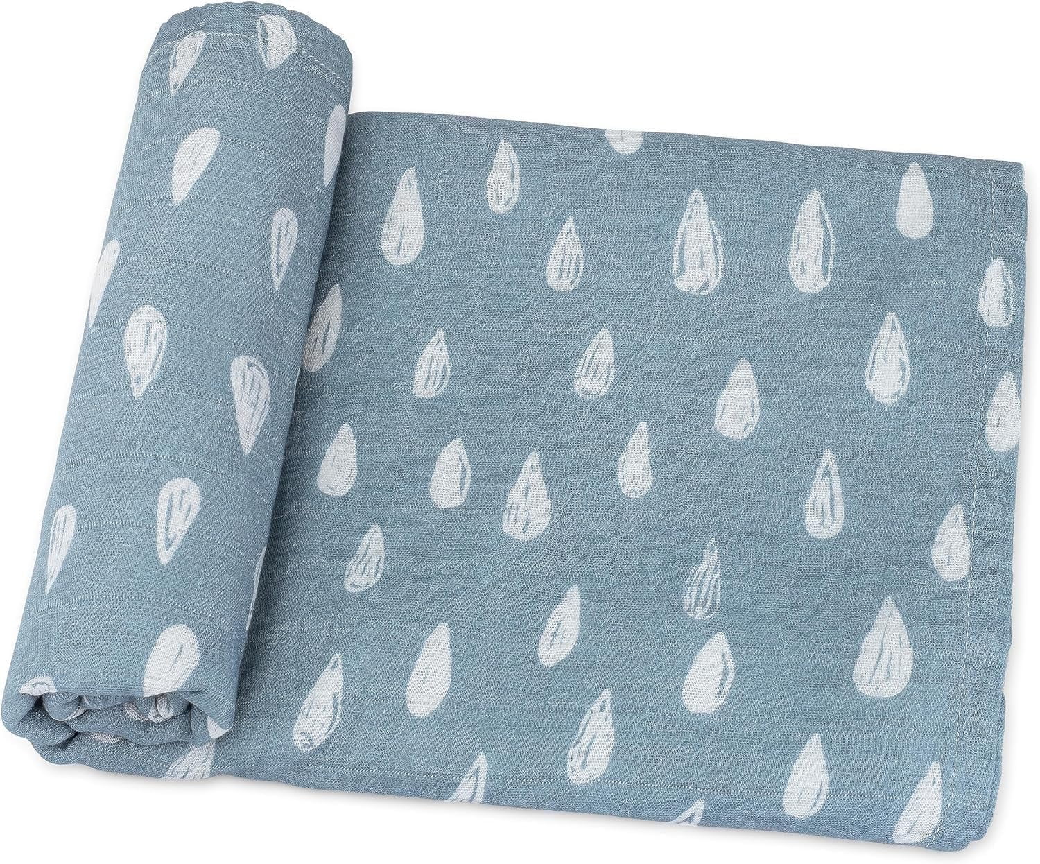 Comfy Cubs 1 Pack Muslin Swaddle Blankets - Receiving Blanket, Wrap for Boys and Girls (Blue Raindrops)