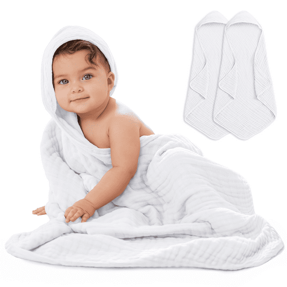 Comfy Cubs 2 Pack Baby Hooded 9 Layer Muslin Cotton Towel for Kids, Large 32” x 32”, Ultra Soft, Warm, and Absorbent. Baby Essentials Bath Towels, Cute Unisex Cover for Girls and Boys (2 Pack, White)