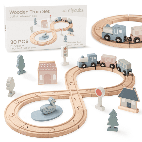 Comfy Cubs 30-Piece Wooden Train Set for Ages 1+, Toddler Train Set with Wooden Toy Tracks Toy Town