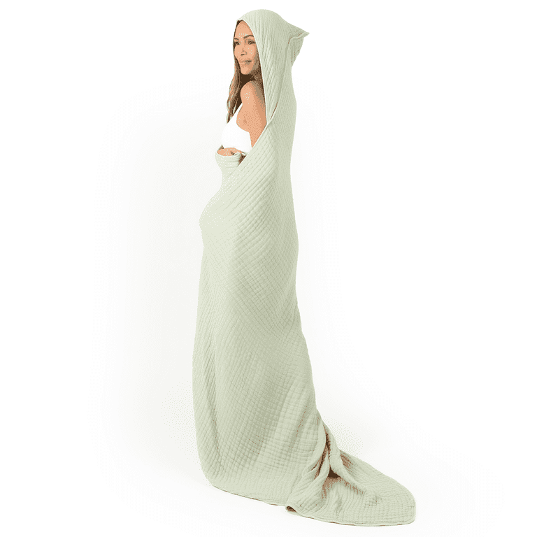 Comfy Cubs Adult Hooded Towel Large 58 x 58 Sage Soft Thick Stylish Muslin Cotton Hooded Blanket Durable Dual Function Wearable Blanket