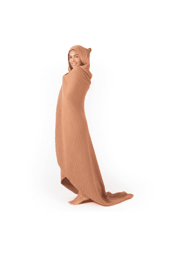 Adult Hooded Towel Large, 58" x 58" - Muslin Cotton Wearable Blanket, Caramel