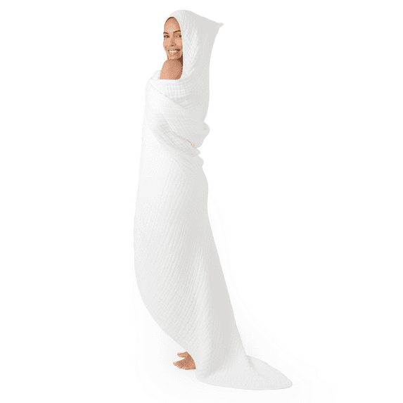 Comfy Cubs Adult Hooded Towel Large, 58" x 58" - Muslin Cotton Wearable Blanket, White