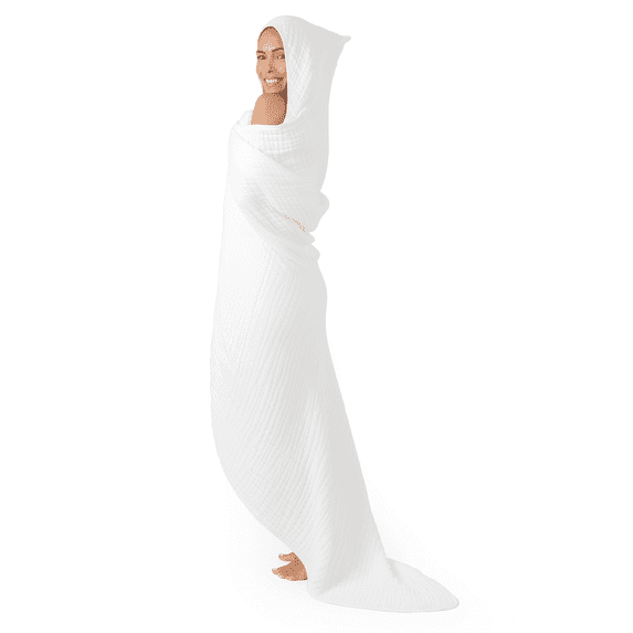 Comfy Cubs Adult Hooded Towel Large, 58" x 58" - Muslin Cotton Wearable Blanket, White