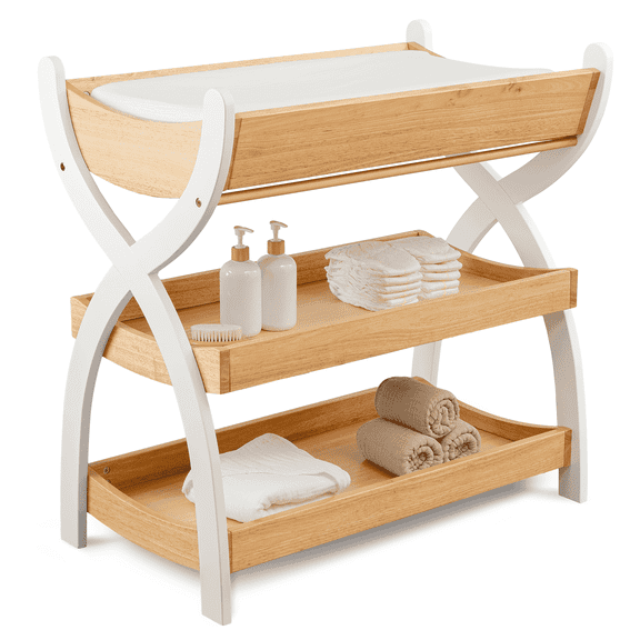 Comfy Cubs Baby Changing Table with Two Open Shelves for Storage - Natural Wood with White Legs