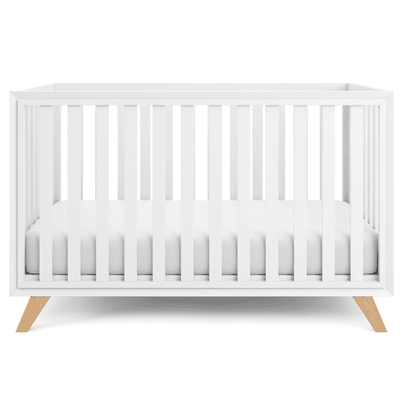 Comfy Cubs Baby Crib for 0-3, Adjustable Mattress Height, White Bars and Frame and Natural Wood Leg