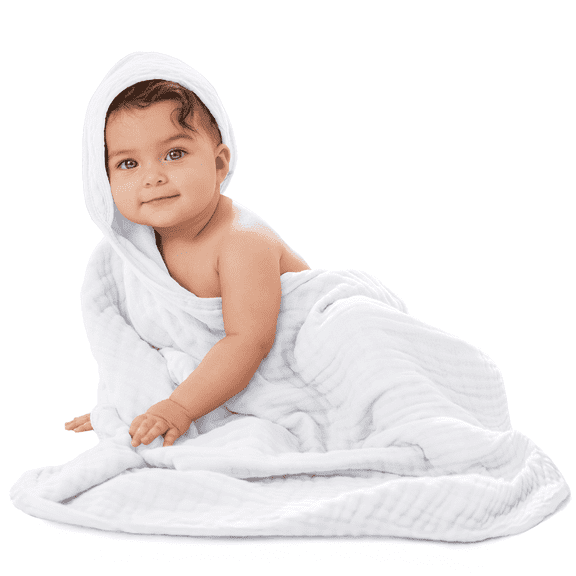 Comfy Cubs Baby Hooded 9 Layer Muslin Cotton Towel for Kids, Large 32” x 32”, Ultra Soft, Warm, and Absorbent. Baby Essentials Bath Towels, Cute Unisex Cover for Girls and Boys (Pack of 1, White)