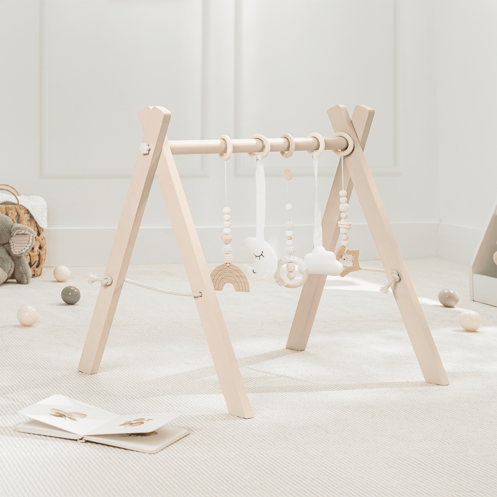 Comfy Cubs Baby Play Gym Set, Wooden Hanging Bar with Gym Toys, Foldable for Infants, Blush