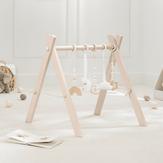 Comfy Cubs Baby Play Gym Set, Wooden Hanging Bar with Gym Toys, Foldable for Infants, Blush