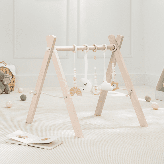 Comfy Cubs Baby Play Gym Set, Wooden Hanging Bar with Gym Toys, Foldable for Infants, Blush