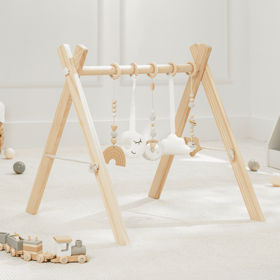 Comfy Cubs Baby Play Gym Set, Wooden Hanging Bar with Gym Toys, Foldable for Infants, Natural Wood