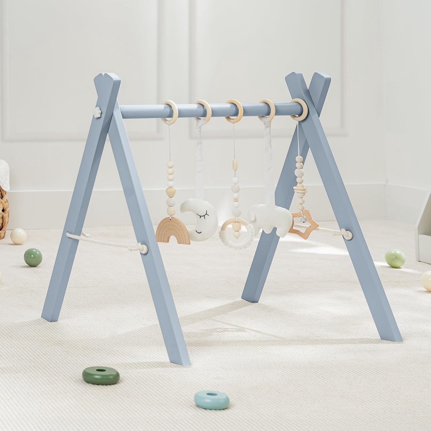 Comfy Cubs Baby Play Gym Set, Wooden Hanging Bar with Gym Toys, Foldable for Infants, Pacific Blue