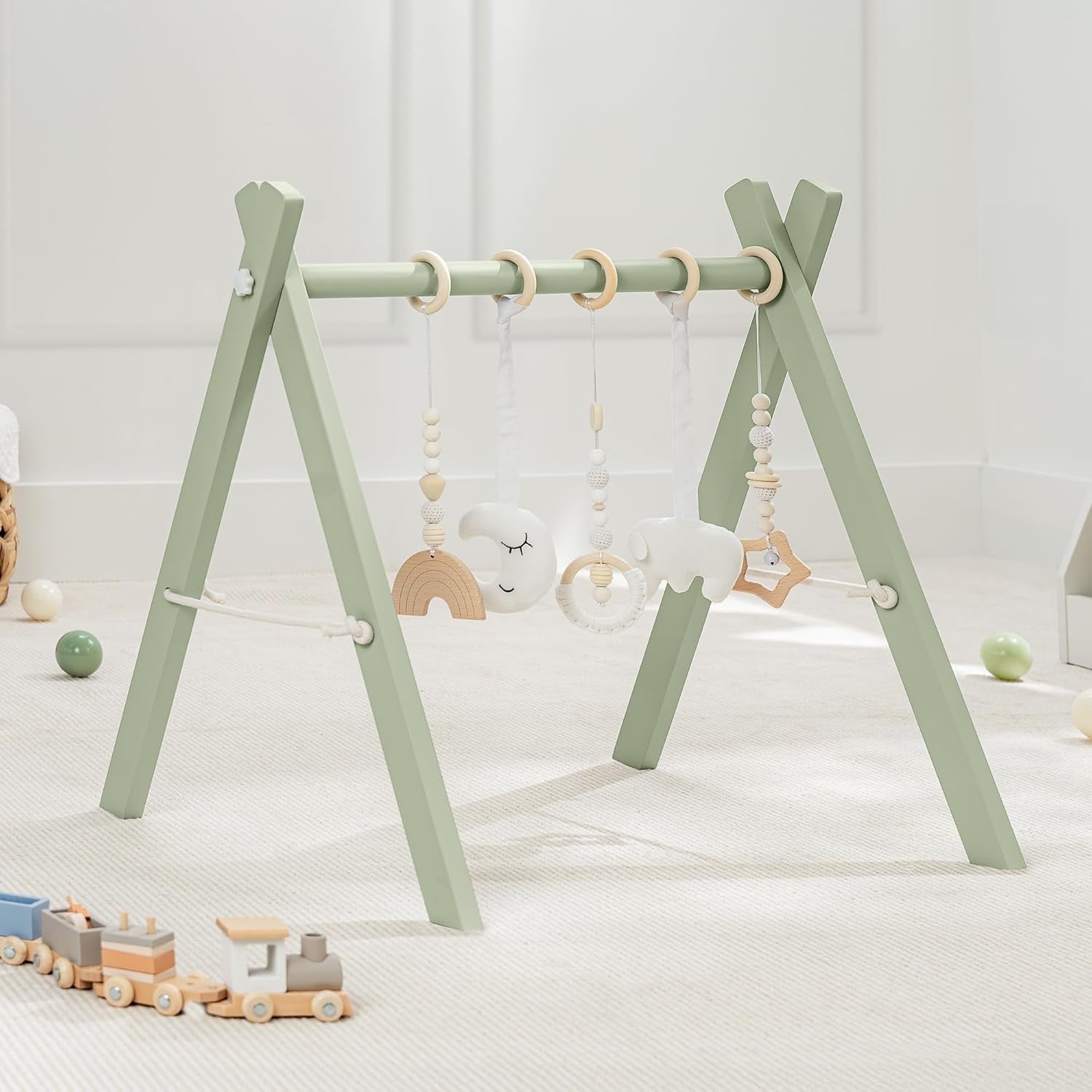 Comfy Cubs Baby Play Gym Set, Wooden Hanging Bar with Gym Toys, Foldable for Infants, Sage