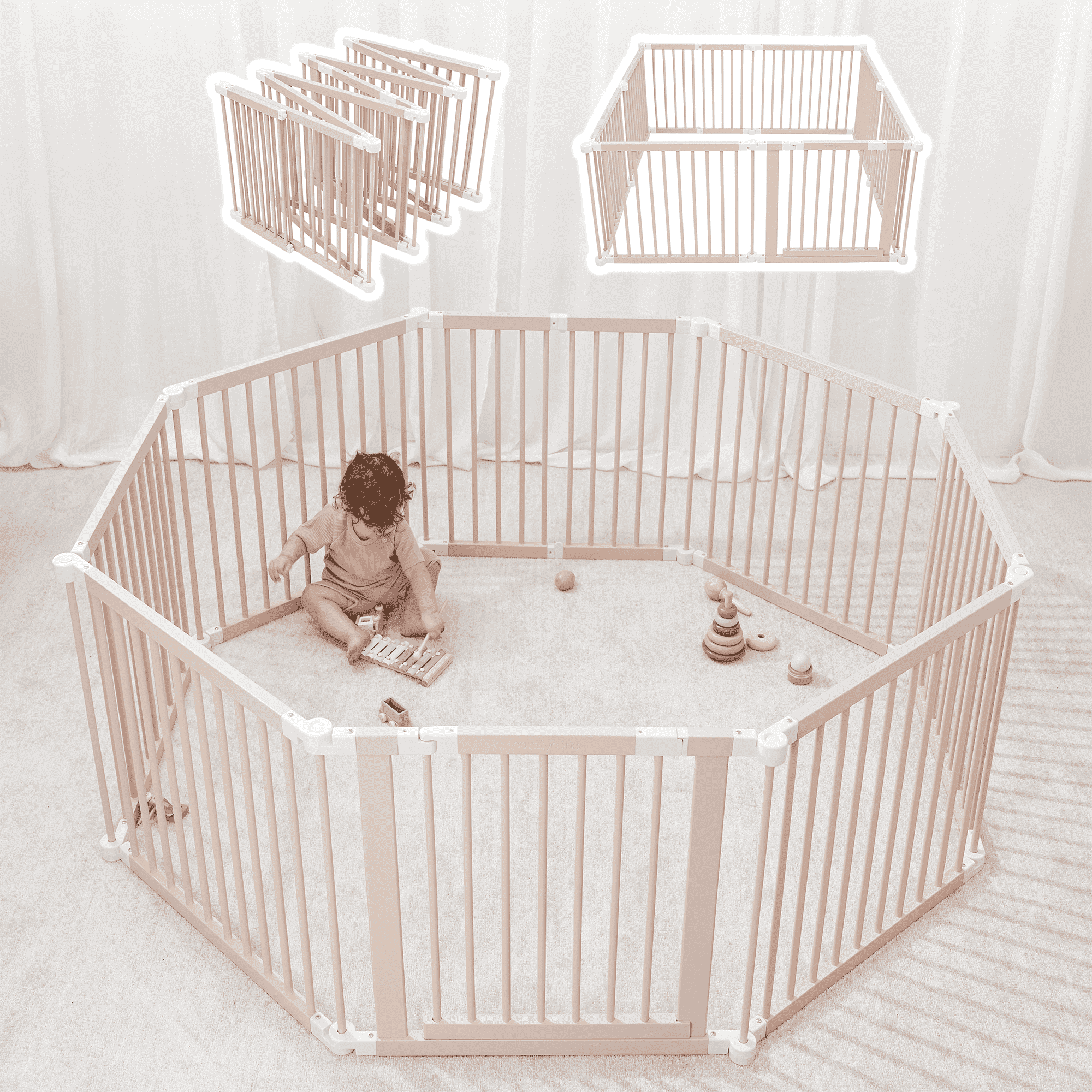 Blush Pine Wood Foldable Baby Playpen & Gate with Locking Door