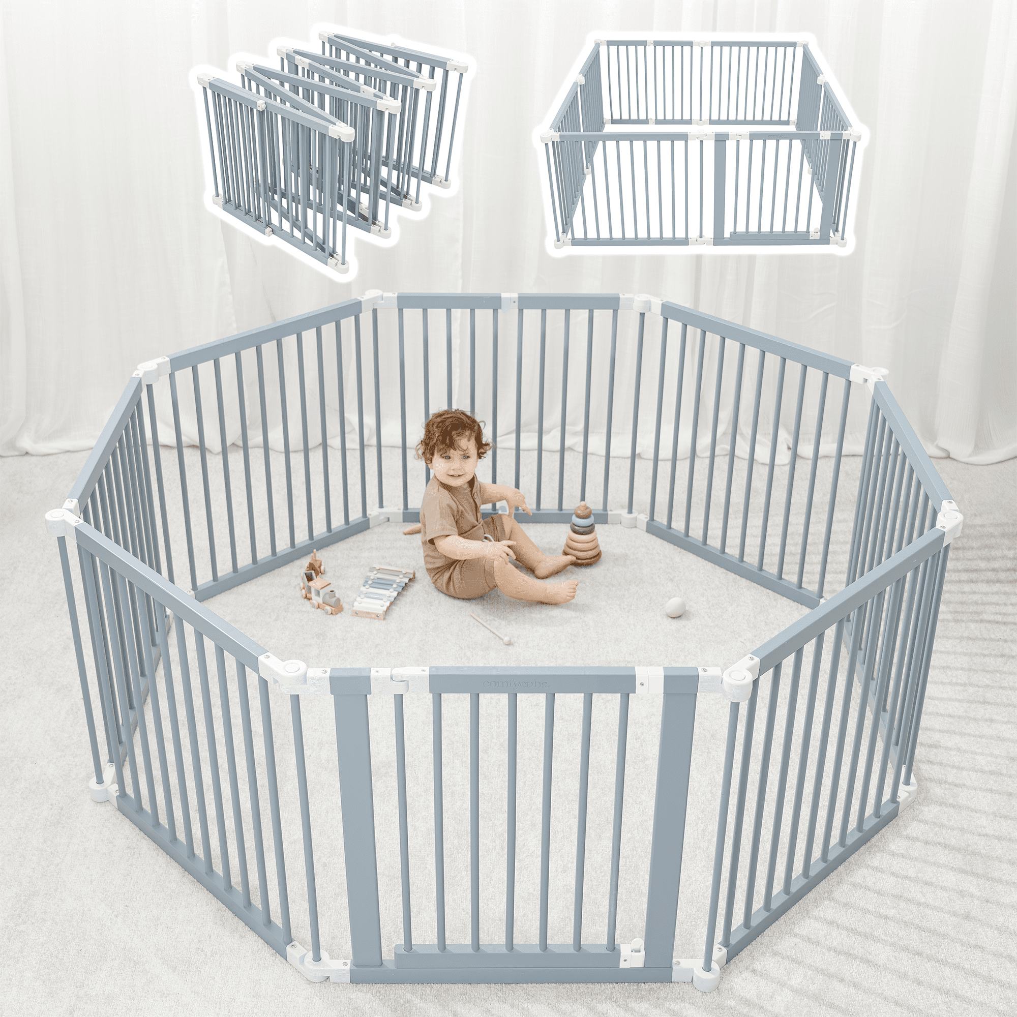 Comfy Cubs Baby Playpen & Baby Gate for Toddler & Babies, Foldable Adjustable Playard, Pacific Blue