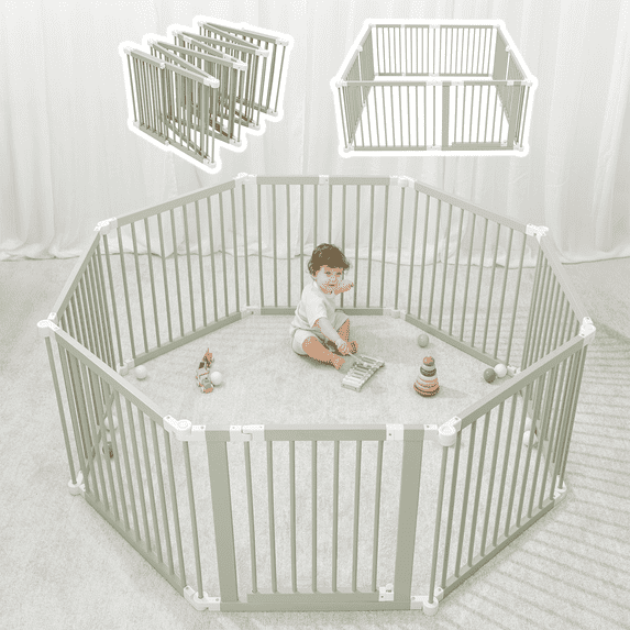 Comfy Cubs Baby Playpen & Baby Gate for Toddler & Babies, Foldable Adjustable Playard, Sage