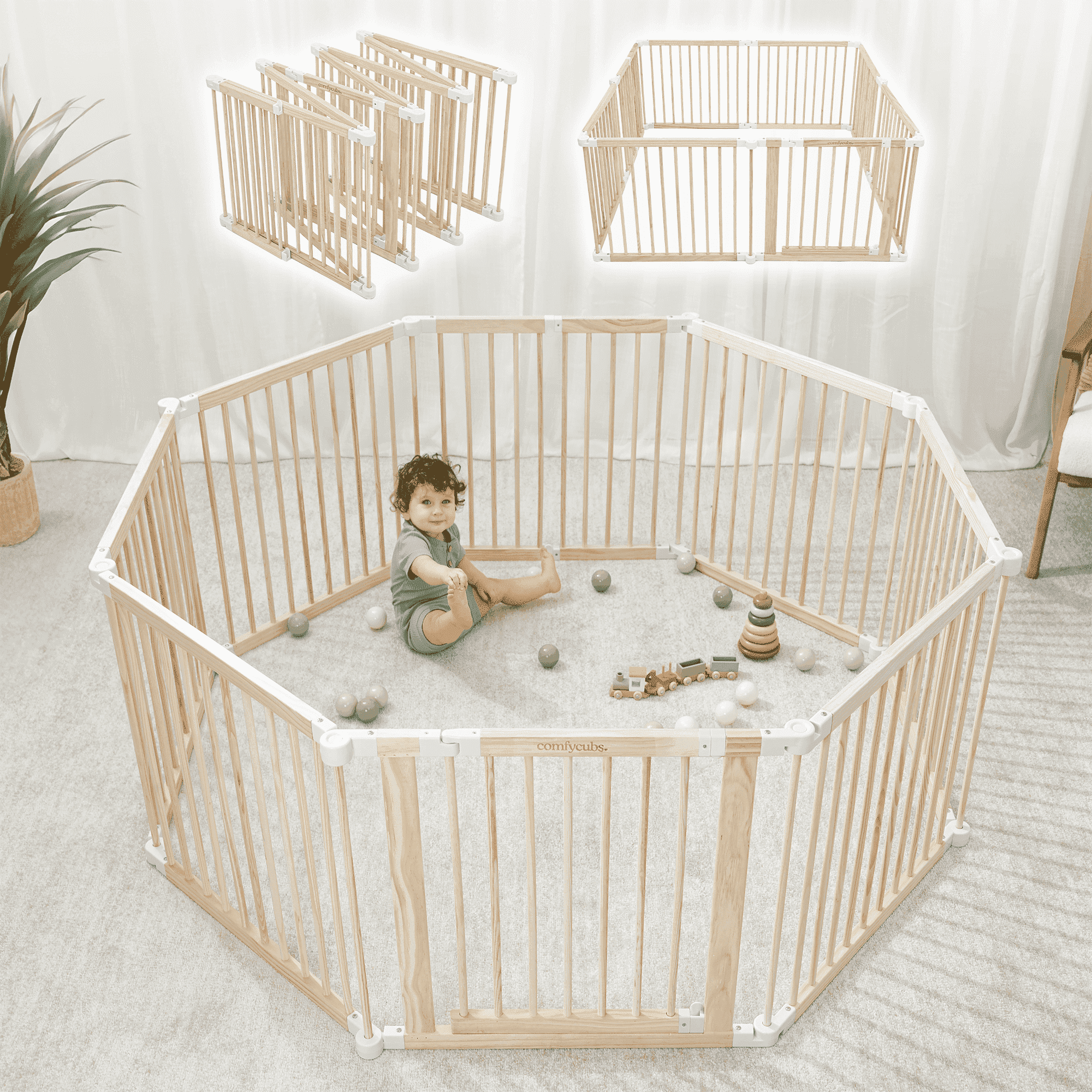 Foldable Gray Wooden Baby Playpen with Locking Gate