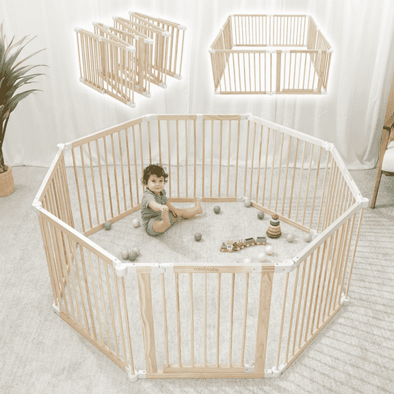 Comfy Cubs Baby Playpen & Baby Gate for Toddler & Babies, Foldable Wooden Large Adjustable Playard