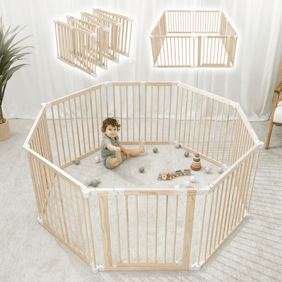 Comfy Cubs Baby Playpen & Baby Gate for Toddler & Babies, Foldable Wooden Large Adjustable Playard