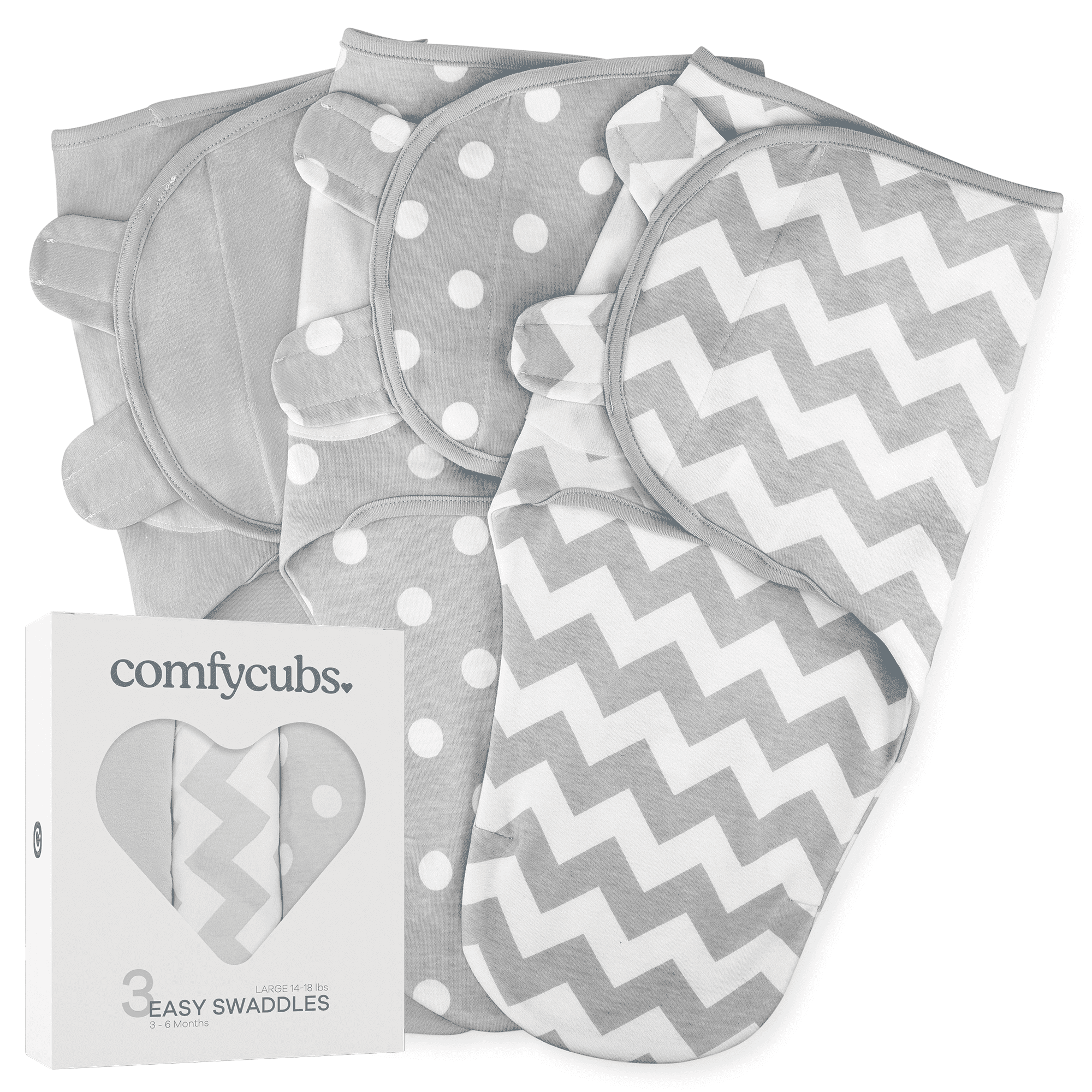 Comfy Cubs Baby Swaddles, Easy Adjustable 3 Pack for Boys and Girls (Large 3-6 Months, Grey)