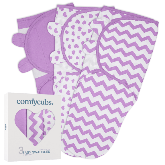 Comfy Cubs Baby Swaddles, Easy Adjustable 3 Pack for Boys and Girls (Large 3-6 Months, Purple)