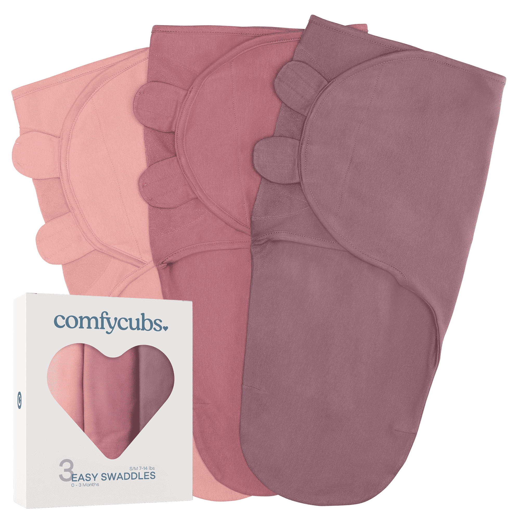 Comfy Cubs Baby Swaddles, Easy Adjustable 3 Pack for Boys and Girls (Small 0-3 Months, Blush, Mauve, Mulberry)
