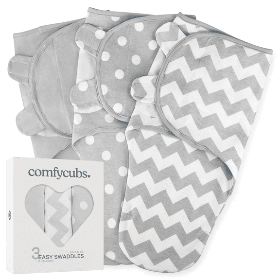 Comfy Cubs Baby Swaddles, Easy Adjustable 3 Pack for Boys and Girls (Small 0-3 Months, Gray)