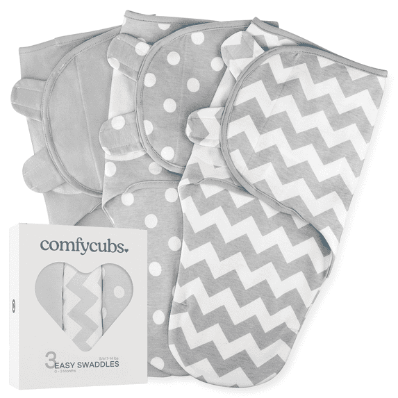 Comfy Cubs Baby Swaddles, Easy Adjustable 3 Pack for Boys and Girls (Small 0-3 Months, Gray)