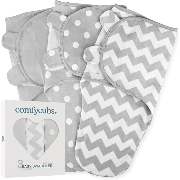 Comfy Cubs Baby Swaddles, Easy Adjustable 3 Pack for Boys and Girls (Small 0-3 Months, Gray)