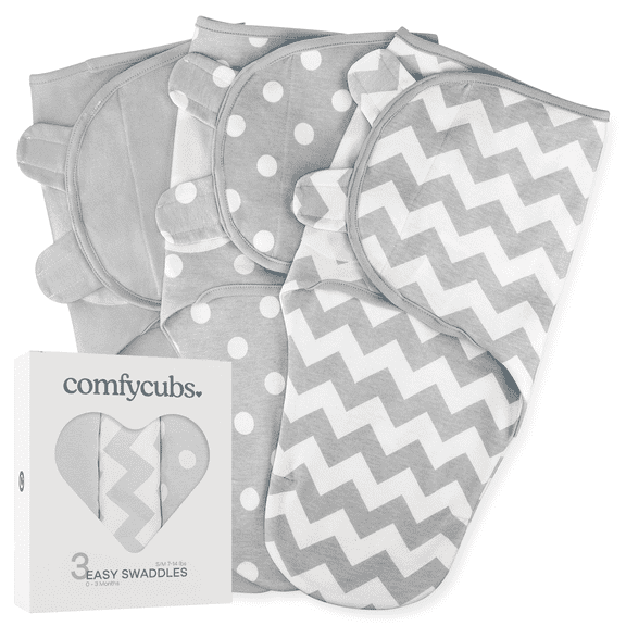 Comfy Cubs Baby Swaddles, Easy Adjustable 3 Pack for Boys and Girls (Small 0-3 Months, Gray)