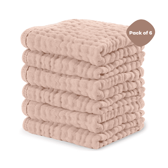 Comfy Cubs Baby Washcloths, Muslin Cotton Baby Towels, Large 10”x10” Wash Cloths (Blush, Pack of 6)