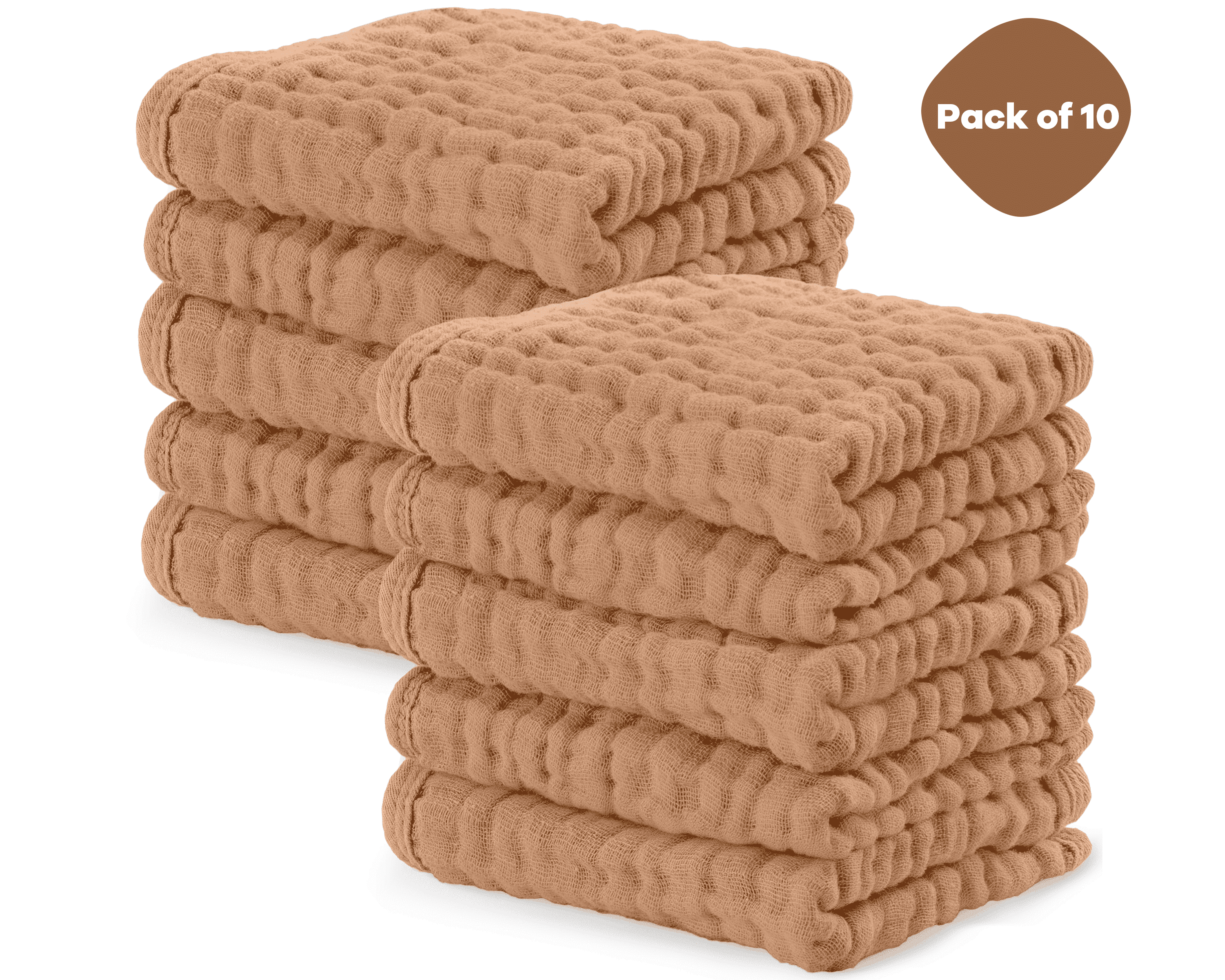 Comfy Cubs Baby Washcloths, Muslin Cotton Baby Towels, Large 10”x10” Wash Cloths (Caramel, Pack of 10)