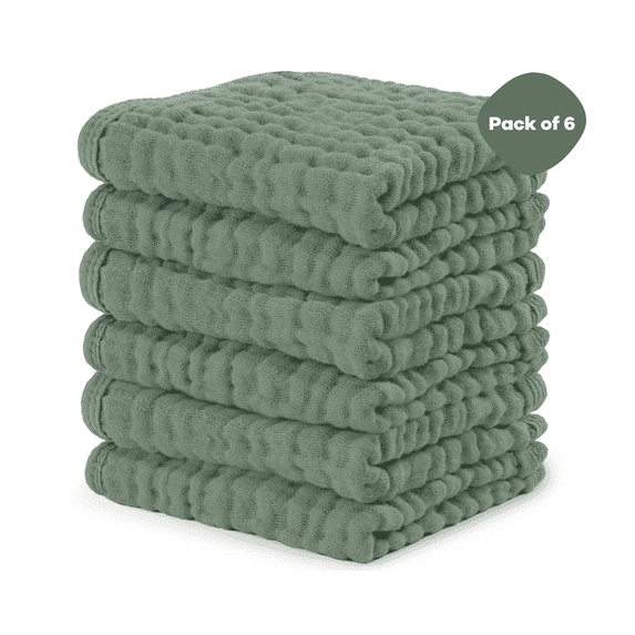 Comfy Cubs Baby Washcloths, Muslin Cotton Baby Towels, Large 10”x10” Wash Cloths (Fern, Pack of 6)
