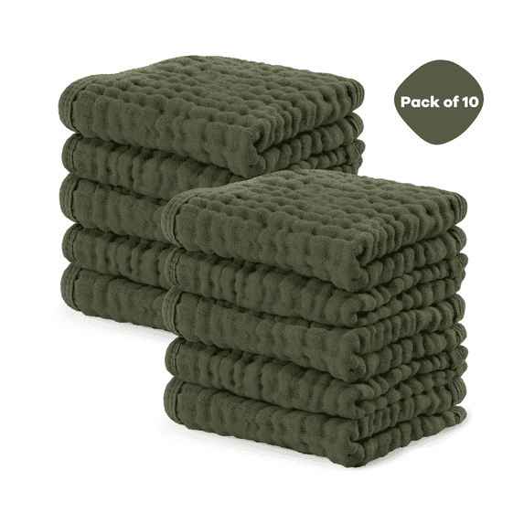 Comfy Cubs Baby Washcloths, Muslin Cotton Baby Towels, Large 10”x10” Wash Cloths (Kelp, Pack of 10)