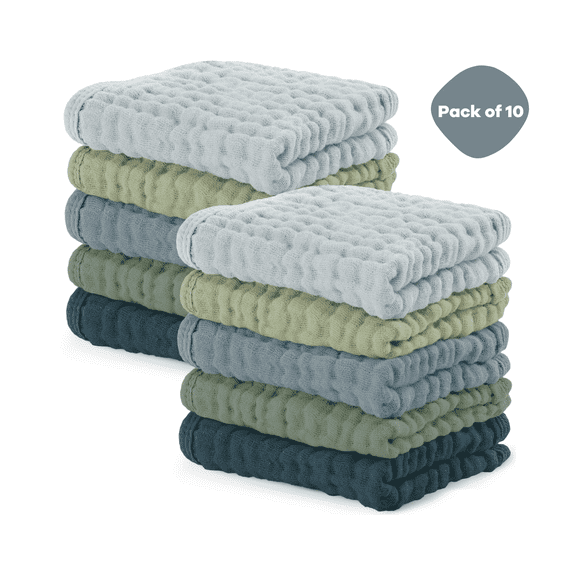 Comfy Cubs Baby Washcloths, Muslin Cotton Baby Towels, Large 10”x10” Wash Cloths (Multi Boy, Pack of 10)