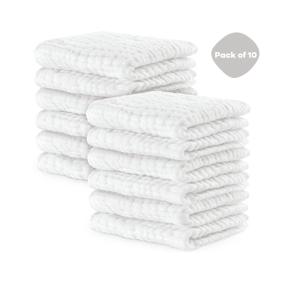 Comfy Cubs Baby Washcloths, Muslin Cotton Baby Towels, Large 10”x10” Wash Cloths (White, Pack of 10)