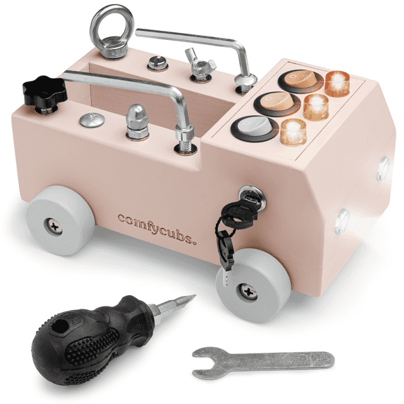 Comfy Cubs Busy Board Truck Toy Set - Montessori Activity Board for Kids 3+ - Blush