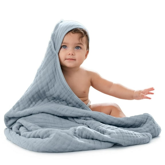 Comfy Cubs Hooded Baby Towels 1-Pack, Large 32" x 32" - 6 Layer, 100% Muslin Cotton, Pacific Blue