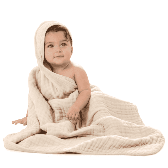 Comfy Cubs Hooded Baby Towels 1-Pack, Large 32" x 32" - 6 Layer, 100% Muslin Cotton, Sand