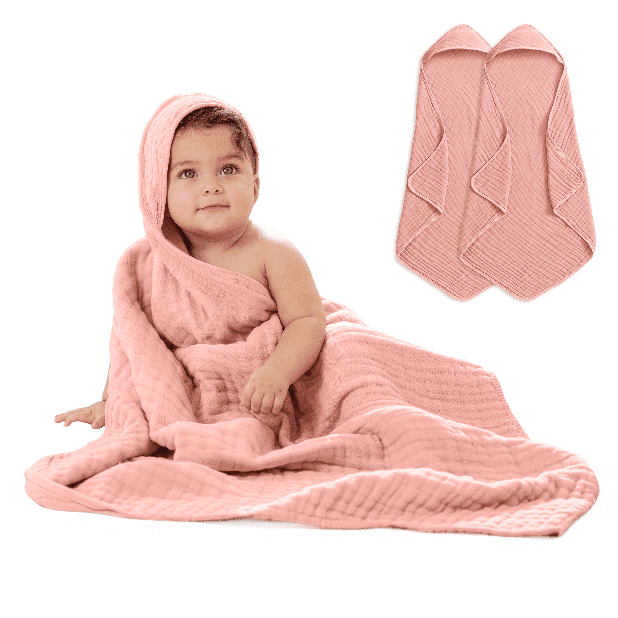 Comfy Cubs Hooded Baby Towels 2-Pack, Large 32" x 32" - 6 Layer, 100% Muslin Cotton, Bold Blush