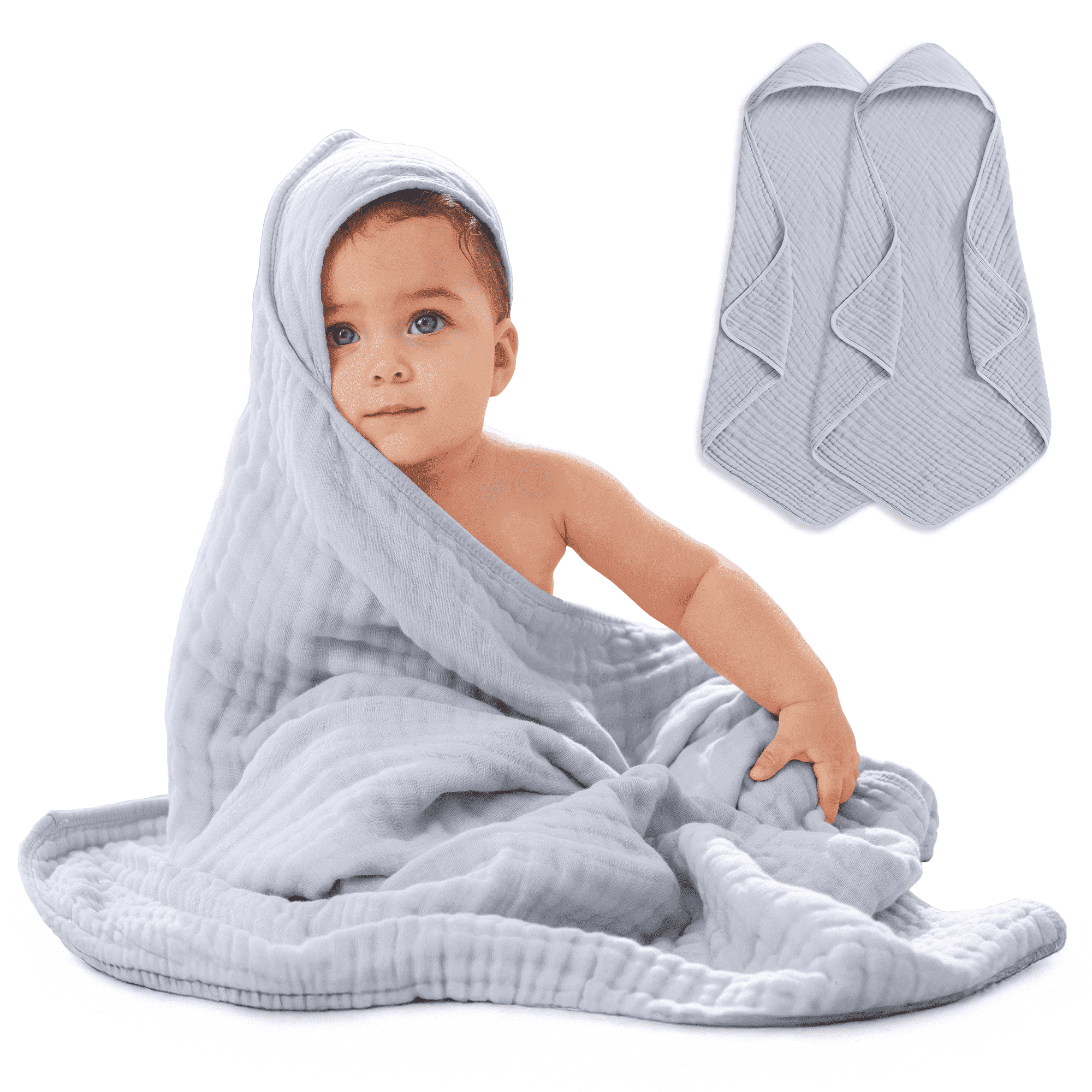 Slate Grey Hooded Baby Towel Set - 100% Muslin Cotton, 32 x 32 Inch