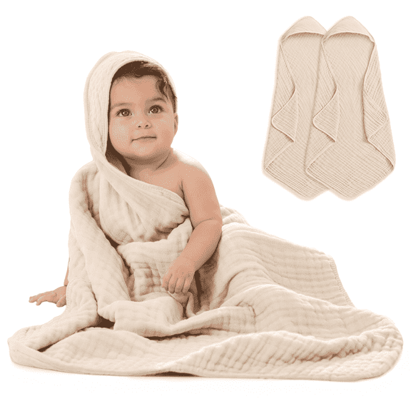 Comfy Cubs Hooded Baby Towels 2-Pack, Large 32" x 32" - 6 Layer, 100% Muslin Cotton, Sand
