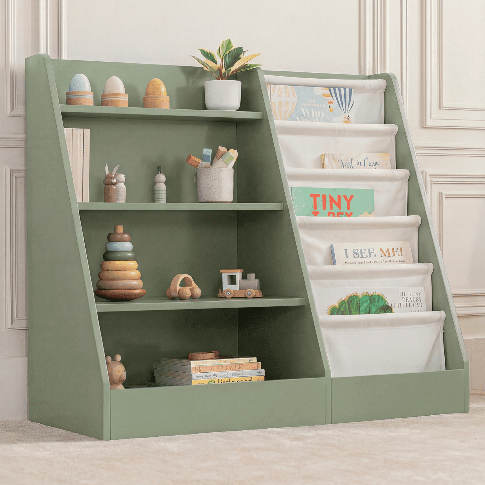 Comfy Cubs Kids Bookshelf 35.2 x 15.7 x 31.5 in - Montessori Book Shelf Storage Organizer - Sage