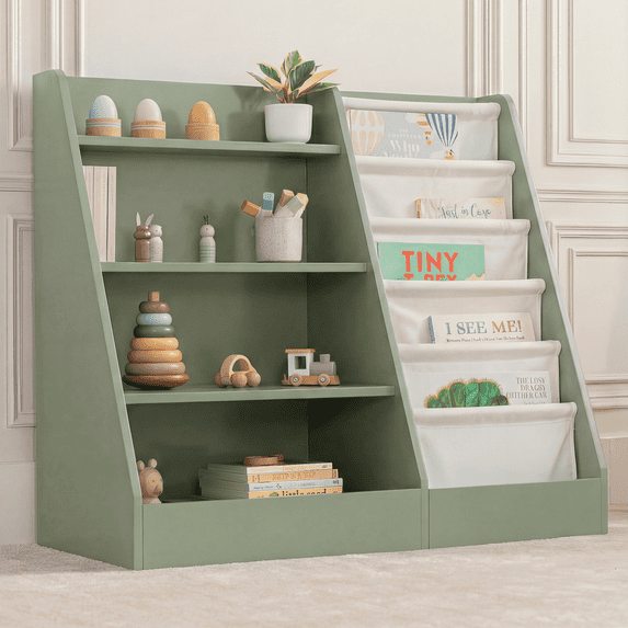 Comfy Cubs Kids Bookshelf 35.2 x 15.7 x 31.5 in - Montessori Book Shelf Storage Organizer - Sage